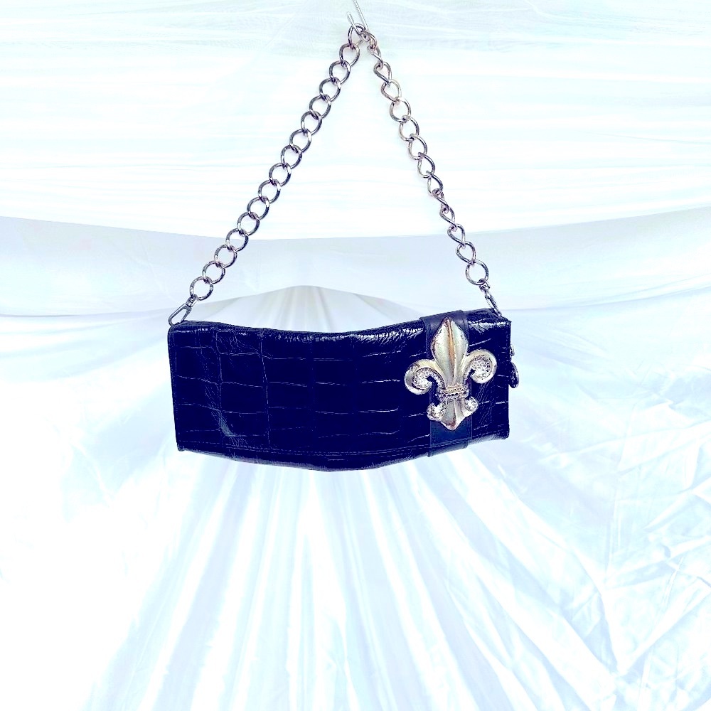 LeatherRock Leather Black and Fleur-de-Lys Crystal Clutch w/ Chain Strap